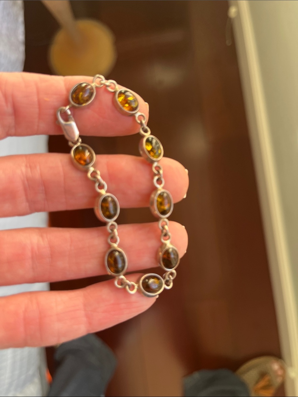 Sterling Silver Amber Link Bracelet - Brown/Green Amber